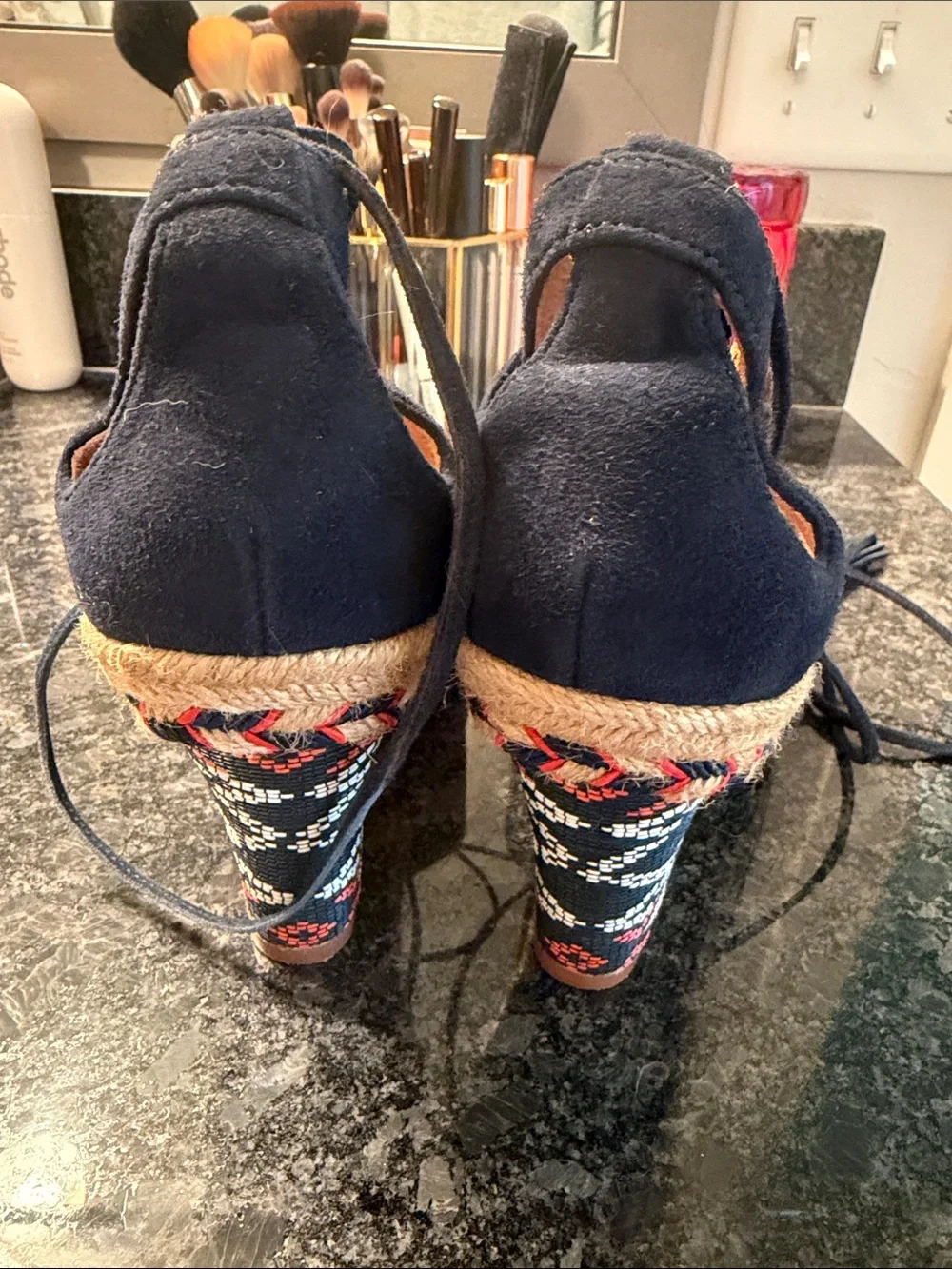 CAbi Navy Suede Lace-Up Espadrille Wedges with Patterned Heel